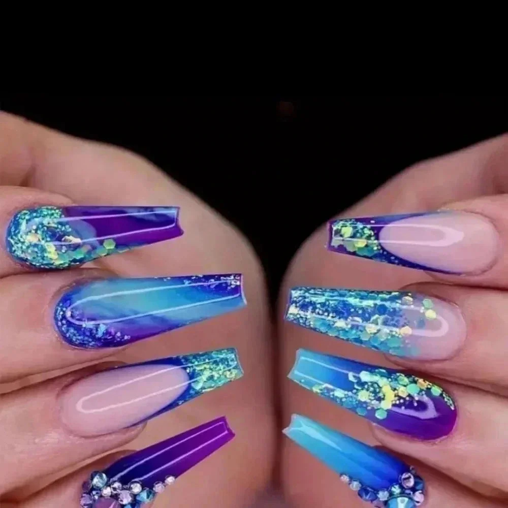 ✨ Blue Purple Gradient Glossy Sequin Coffin Press On Nails